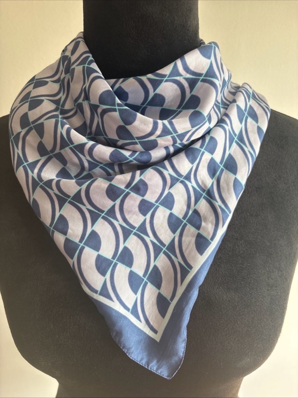 vintage 70s Silk Square neck- head-bandanna scarf  Blue Geo Print